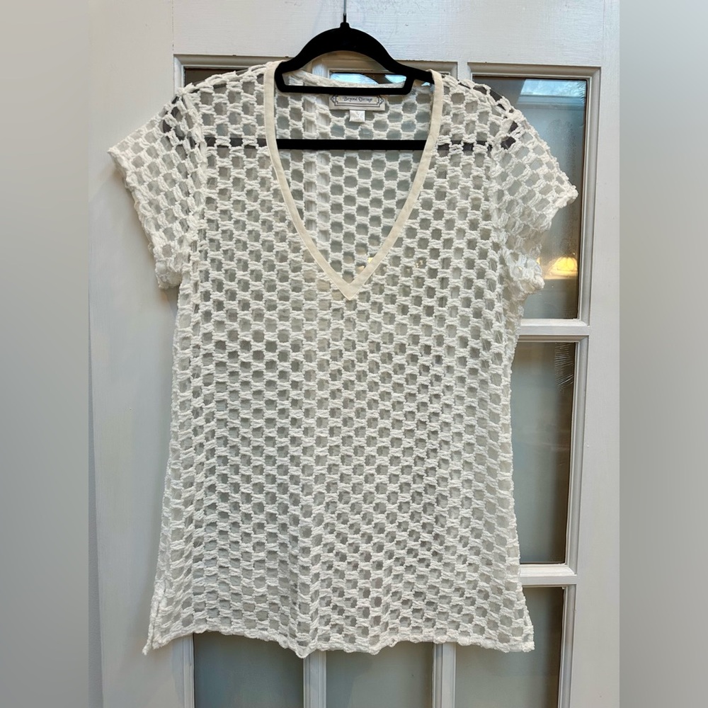 Beyond Vintage Y2K V-Neck Open Crochet Mesh Knit Short Sleeve Top Size Large L